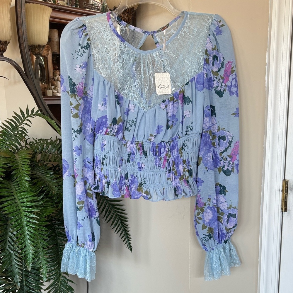 Free People Blue Floral Lace Blouse
